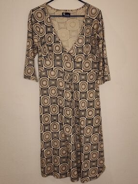 Giggle Organic Neutral Patterned V‑Neck Womens Midi Dress Size Large Lagenlook